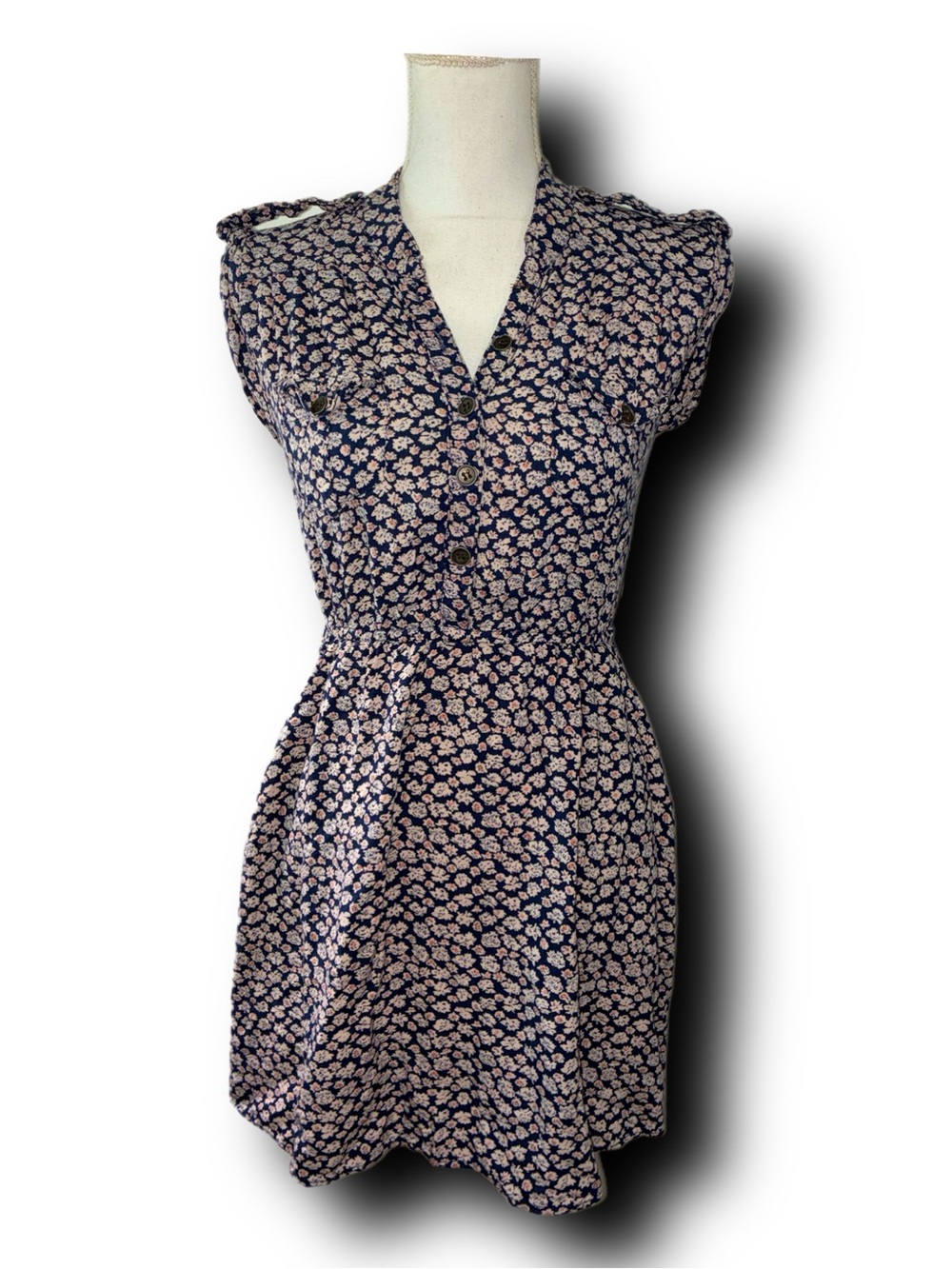 Angie Vintage Style Floral Button-Front Cap Sleeve Mini Shirt Dress